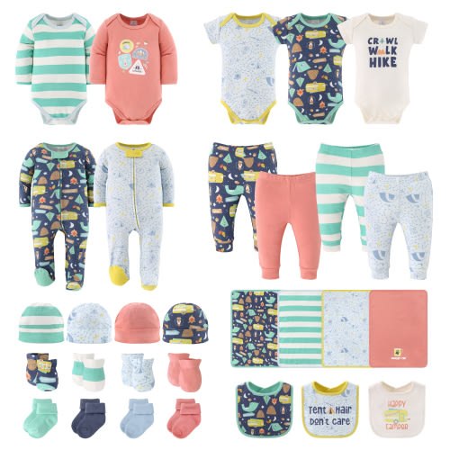The Peanutshell Newborn Baby Layette Gift Set for Baby Boys, Happy Camper, 30 Essential Pieces, 0-3 Months