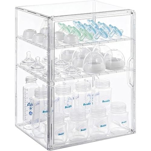 Baby Bottle Storage Organizer for Countertop Cabinet, 3 Tier Adjustable Bottles Station Container, Clear Acrylic Case Box with 2 Removable Dividers and Magnetic Door, Large