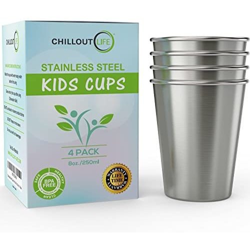 Stainless Steel Cups for Kids and Toddlers 8 oz - Stainless Steel Sippy Cups for Home & Outdoor Activities, BPA Free Healthy Unbreakable Premium Metal Drinking Glasses (4-Pack)