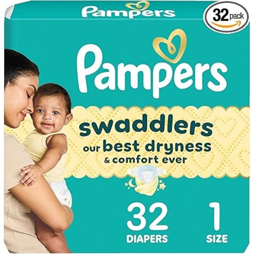 Pampers Swaddlers Diapers, Size 1 (8-14 lbs), 32 Count, Absorbent, Keeps Baby Dry and Comfortable, Skin Safe Disposable Baby Diaper (Packaging May Vary)