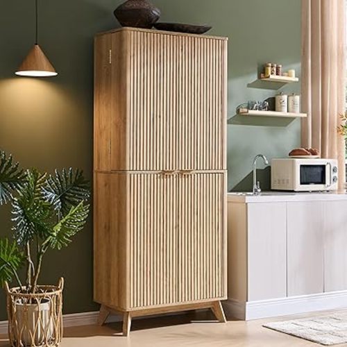 OKD Fluted Kitchen Pantry, 72" Tall Mid Century Modern Storage Cabinet with Adjustable Shelves & Door Organizer, Wood Cabinet for Kitchen, Living Room, Natural Oak