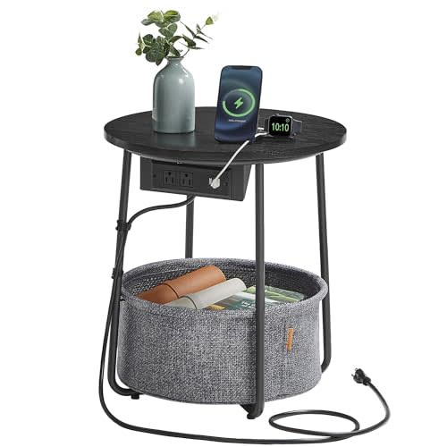 VASAGLE Side Table with Charging Station, Round End Table with Fabric Basket, Nightstand with Power Outlets, USB Ports, for Living Room, Bedroom, Modern, Ebony Black and Slate Gray ULET228B01