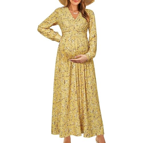 OUGES Fall Maternity Maxi Dress Long Sleeve Wrap V Neck Baby Shower Pregnancy Dresses for Photoshoot Maternity Clothes
