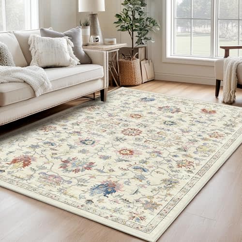 Machine Washable 5X7 Area Rug for Living Room Vintage Rugs, Bedroom Kitchen Rugs, Vintage Carpet Kitchen Rugs Non-Slip Stain Low Pile Resistant Floor Carpet Indoor Entryway Rug, Multicolored Camel