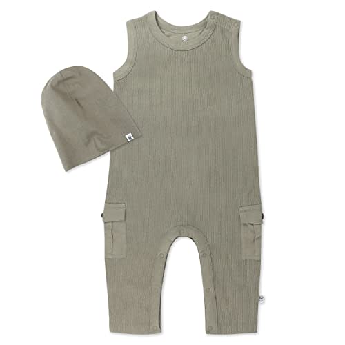 HonestBaby 2-Piece Organic Cotton Sleeveless Coverall and Beanie set, Khaki, 6-9 Months