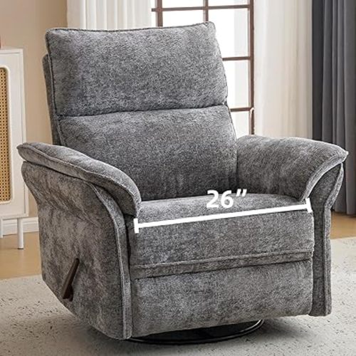 Oversized Recliner Chair, 26" Extra Wide 360° Swivel Rocker Recliner with Adjustable Headrest, Chenille Glider Rocking Nursery Chair with Overstuffed Armrest, Lumbar Support, Dark Grey