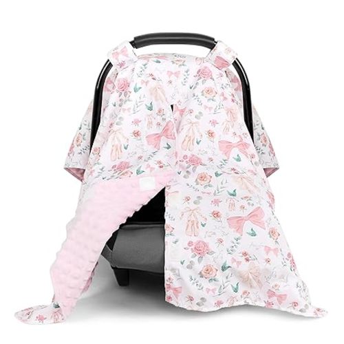 Baby Car Seat Cover, Soft Minky Warm Winter Car Seat Canopy for Infants & Toddlers, Opening with Adjustable Strap, Breathable Nursing Cover & Stroller Blanket, Pink Flowers (Fits Most Car Seats)