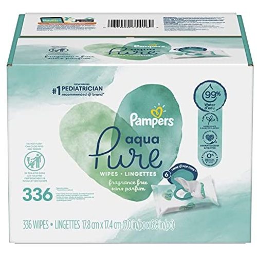 Baby Wipes, Pampers Aqua Pure Sensitive Water Baby Diaper Wipes, Hypoallergenic and Unscented, 6X Pop-Top Travel Packs, 336 Count (Packaging May Vary)