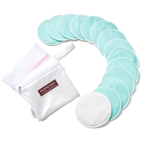 Momcozy Reusable Breast Pads, Innovative Use of Absorbent Fabric & 4 Layers of Super Absorbent Core Washable Nursing Pads, Absorb Quickly and Leak-Loof, 14 Pack + Wet & Dry Separation Bag + Wash Bag - Ultimate protection