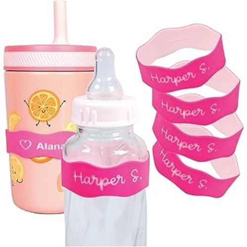 InchBug Orbit Labels Baby Bottle and Water Bottle Silicone Name Bands – Personalized Reusable Label Set for Daycare, Sippy Cups, Preschool, Elementary School, Dishwasher Safe, 4-Pack (Flamingo Pink)