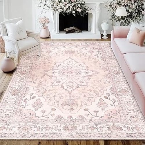 Area Rugs 5'x7' Washable Non-Slip, Floral Vintage Distress Print Pattern Medallion Carpet for Living Room Bedroom Dining Room, Pink Greypink Cute