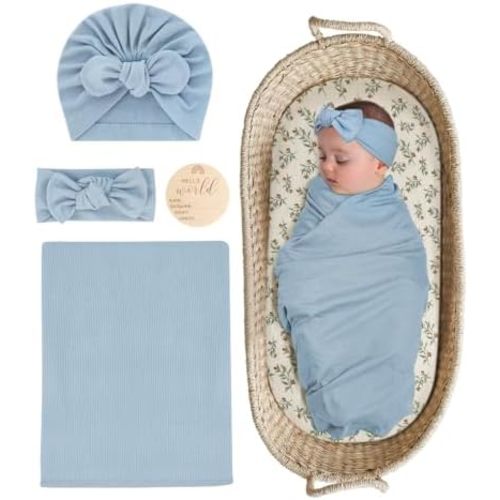Stretchy Baby Swaddle Blanket and Headband Set, Newborn Receiving Blankets with Matching Hat for Nursery Swaddle Wrap