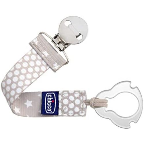 Chicco Universal Two in One Baby Pacifier/Soother Clip/Holder with Universal Loop for Teethers and Small Toys, Plus Soft Attachment Ring Included for Knob Style Pacifiers, Grey/White