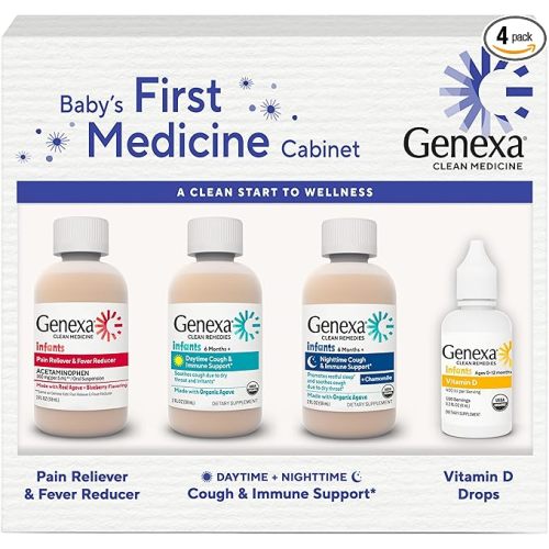 Genexa Baby’s First Medicine Cabinet, 4-Pack Gift Set – Infant Pain Relief & Fever Reducer, Organic Baby Cough Syrup and Vitamin D 400 IU, Dye-Free Baby Health Essentials for Infants & Toddlers