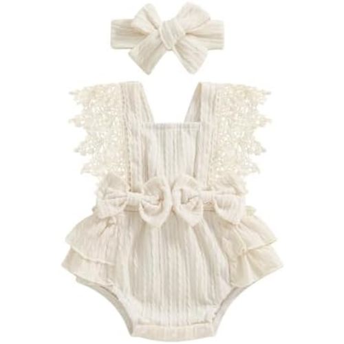 FOMOYUU Infant Baby Girl Lace Romper Boho Clothes Photography Outfits Sleeveless Bow Romper with Headband