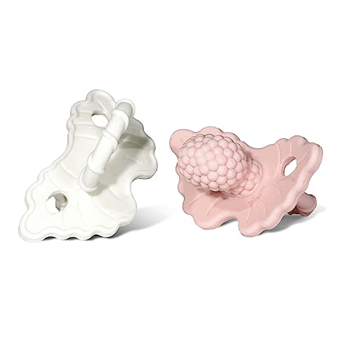 RaZbaby Soft Silicone Infant & Baby Teether, Berrybumps Textured Teething Relief Pacifier 3M+, Soothes Gums, Hands-Free & Easy-to-Hold Fruit-Shaped RaZberry Design, BPA Free, 2-Pack – Pink/White