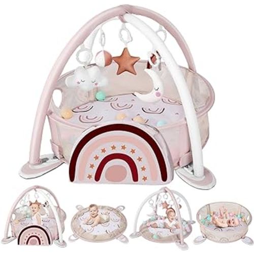 dearlomum 4-in-1 Baby Play Mat Baby Gym,Tummy Time Mat for Floor Activity Gym Ball Pit Including 30 Balls with 5 Infant Learning Sensory Baby Toys for Newborn Toddler Boy & Girl Gifts(Rainbow)