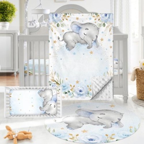 Gresahom Baby Crib Bedding Set - Blue Elephant Nursery Bed 3 Pcs Set - Chic Soft Blanket with Double Layer Dotted Backing, Fitted Sheet, Room Rug for Newborns Boys Girls Shower Gift(50"x60")