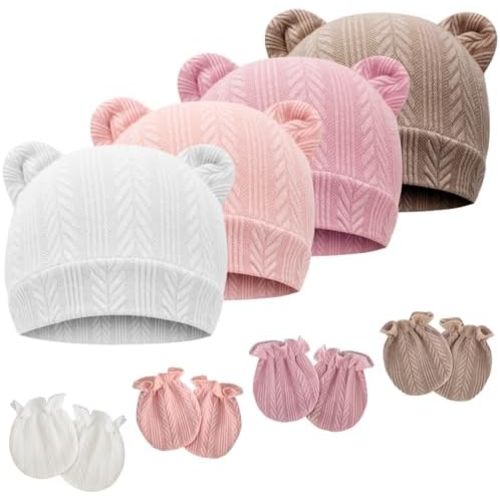 Newborn Baby Hat and Mittens Set Bear Ears Toddler Infant Beanie Caps Newborn Hospital Hat for Baby Boy Girl 0-3 Months
