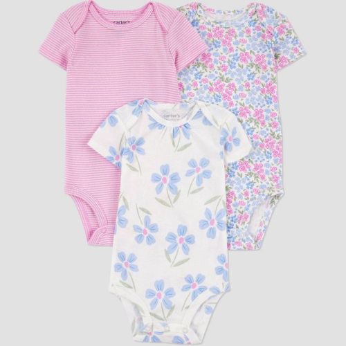 Carter's Just One You®️ Baby Girls' 3pk Bodysuit - Pink/Yellow 9M: Cotton, Lemon & Floral Patterns, Short Sleeve