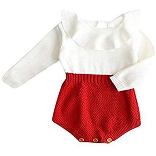 Baby Girls Romper Knitted Ruffle Long Sleeve Jumpsuit Baby Kids Girl Romper Autumn Winter Casual Clothing - 6-12 Months - Red