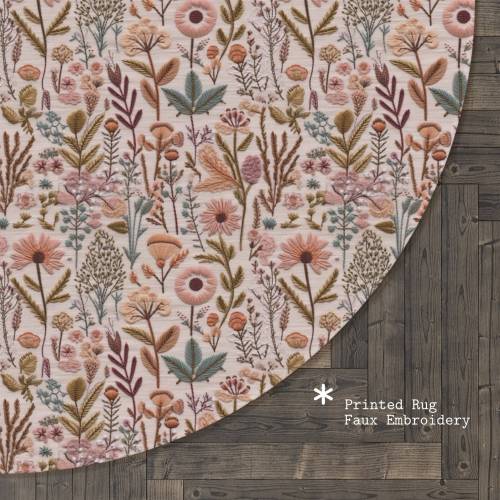 Earthy Pink Wildflowers Rug Round, Floral Round Area Rug, Cottagecore Round Floor Mat for Nursery Living Room Bedroom, Faux Embroidery