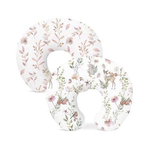 Nursing Pillow Covers 2 Pack, Stretchy Breastfeeding Pillow Covers for Baby | Soft Stretchy Fabric, Snug Fit for Breastfeeding Pillows, Newborn Nursery Essential for Baby Boys and Girls (Floral Fawn)