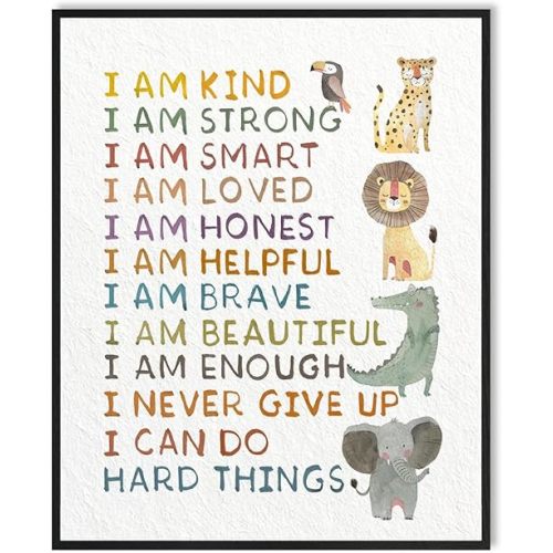 Positive Affirmations Kids Wall Decor: Safari Nursery Decor Kids Wall Art Framed Inspirational Posters 12"x15",I Am Kind I Am Smart I Am Brave Quotes Positive Wall Decor for Classroom Playroom