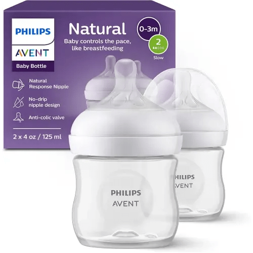 Philips Avent Natural Baby Bottles with Natural Response Nipples (Slow Flow, Flow 2), 4oz, 2-Pack, SCY900/02