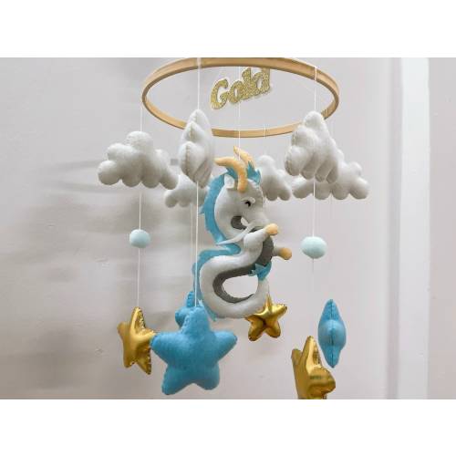 Baby mobile dragon, moon an star mobile, fairy tale nursery, Dragon nursery baby mobile, Baby boy mobile, Felt hanging toy, Baby shower gift