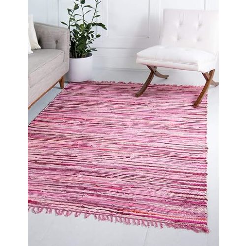 Unique Loom Chindi Cotton Collection Hand Woven Natural Fibers Area Rug_CCH002, 5 ft x 8 ft, Pink/Ivory