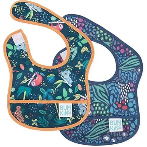 Bumkins Bibs, for Baby Girl or Boy, Infant 3-9 Months,Essential Must Have for Eating, Feeding, Baby Led Weaning, Mess Saving Waterproof Soft Fabric, Starter Bib 2-pk Jungle and Animal