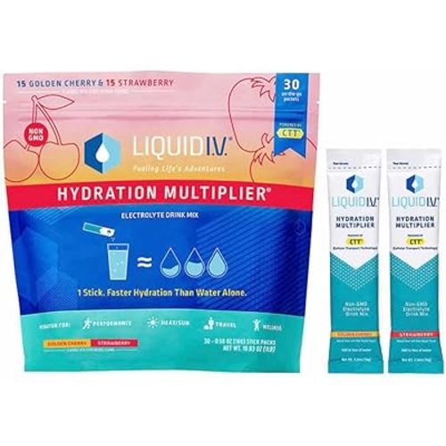 Liquid I.V. Hydration Multiplier, 30 Individual Serving Stick Packs in Resealable Pouch Flavor : Golden Cherry & Strawberry (1)