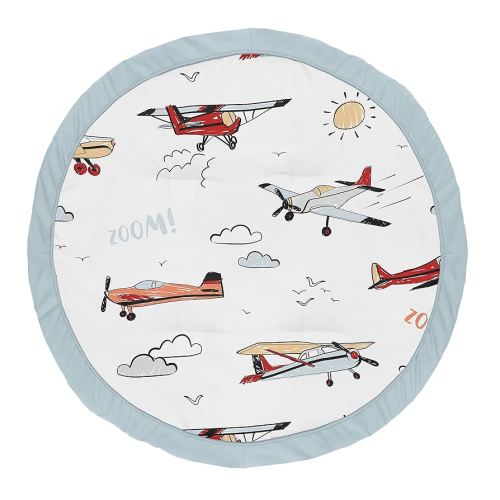 Sweet Jojo Designs Vintage Airplane Boy Baby Playmat Tummy Time Infant Play Mat - Grey Yellow Orange Red White and Blue Airplanes Air Plane Transportation Clouds Sun Sky Aviator Aviation