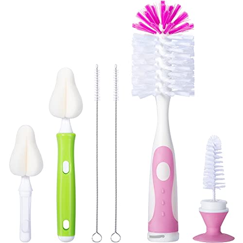 CAREBABYMORE Baby Bottle Brush with One Base Hidden Nylon Nipple Cleaner, 2 Pcs Sponge Nipple Brushes, 2 Pcs Straw Brushes, Bottle Brush with Nipple Cleaner and Suction Cup (Pink)