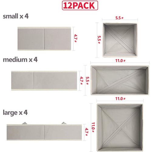 DIOMMELL 12 Pack Foldable Cloth Storage Box Closet Dresser Drawer Organizer Fabric Baskets Bins Containers Divider for Baby Clothes Underwear Bras Socks Lingerie Clothing,Grey 444