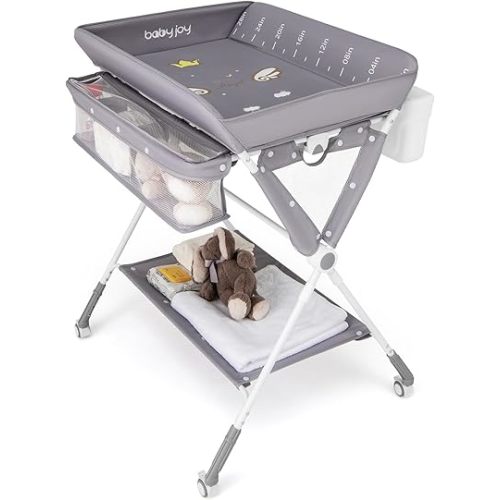 BABY JOY Portable Baby Changing Table, Foldable Diaper Changing Station with Wheels, Adjustable Height, Large Storage Rack, Trash Can, Mobile Nursery Organizer for Newborn Infant (Gray)