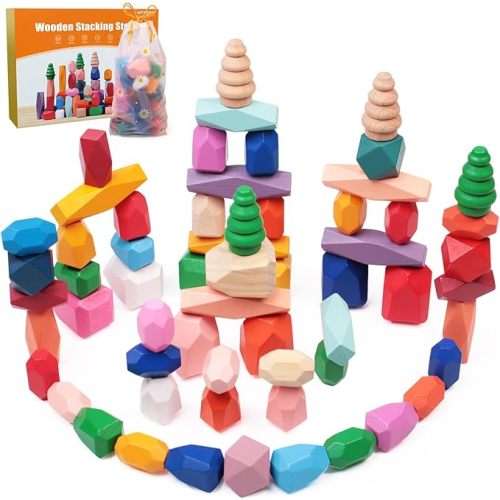 50PCS Wooden Stacking Rocks Building Blocks,Sensory Preschool Learning Activities Montessori Toys for Toddlers 3 Year Old, Balancing Stones Birthday Gifts for Kids 3-5