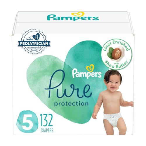 Pampers Baby Diapers - Pure Protection - Size 5, 132 Count, for up to 100% Leakproof, Premium Plant-based Skin Protection