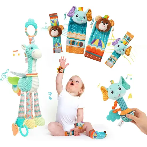 6 Pcs Newborn Montessori Hanging Toys for Stroller Crib and Car Seat, Baby Socks and Wrists Sensory Rattles Toys for Infant, Baby Toys 0-6-12 Months, Baby Boy and Girl Gifts