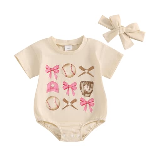 Baseball Baby Girl Outfit Baseball Bowknot Bubble Romper Short Sleeve T-Shirt Bodysuit with Headband Summer Clothes