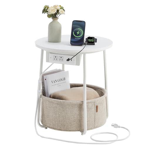 VASAGLE Side Table with Charging Station, Round End Table With Fabric Basket, Nightstand with Power Outlets USB Ports, for Living Room, Bedroom, Modern, Matte White and Camel Brown ULET228W01