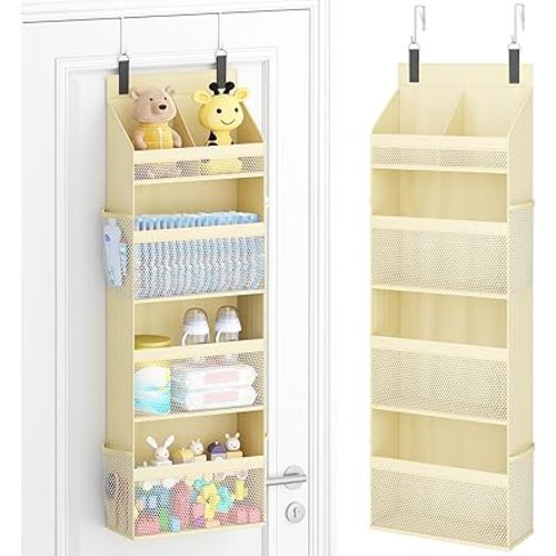 Lifewit 4 Tier Over the Door Diaper Organizer for Nursery, Large Heavy Duty Hanging Storage with 4 Mesh Side Pockets, Sturdy Back of Door Shelf for Baby Stuff Toy in Pantry, Laundry, Bathroom, Beige