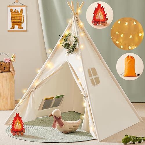 Tiny Land Kids-Teepee-Tent with Lights & Campfire Toy & Carry Case, Natural Cotton Canvas Toddler Tent - Washable Foldable Teepee Tent for Kids Indoor Tent, Outdoor Play Tent for Girls & Boys