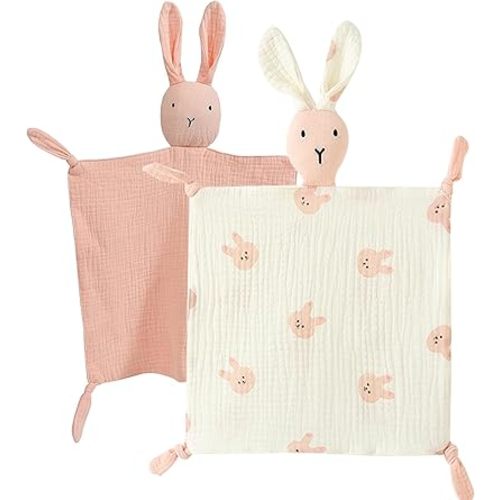 Organic Cotton Muslin Lovey Blanket, Organic Cotton Muslin Bunny Security Blanket Soft & Breathable Lovie Baby Gifts for Boys and Girls