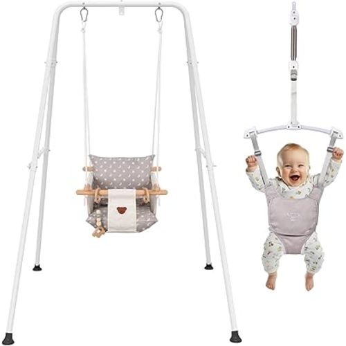 2 in 1 Baby Jumper & Swing, Baby Jumper for Indoor and Outdoor Use, Baby Swing with Foldable Stand, Stable Toddler Swing Set(White)