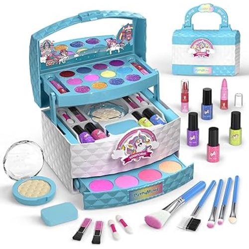 PERRYHOME Kids Makeup Set for Girl 35 Pcs Real Cosmetic, Safe & Non-Toxic, Unicorn Gift for Girls 3-12 Toddler Girl Gift Christmas & Birthday Gift (Unicorn-Blue)