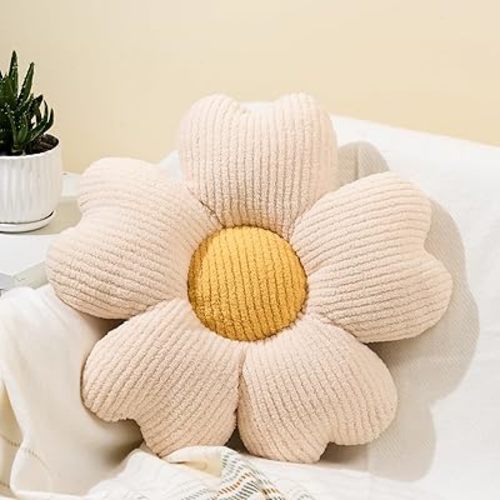 Sioloc Flower Shaped Throw Pillow, Fun Daisy Pillow, 15.7" White Cute Decorative Seat Cushion Aesthetic Flower Plush Pillows for Bed Floor Couch Chair