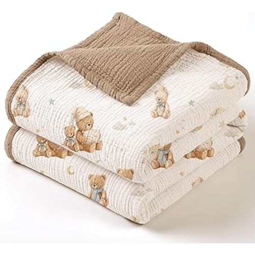 lulumoon Muslin Baby Blanket Neutral - Breathable Cotton Crib Bedding for Toddler - 4 Layer Soft Lightweight for Stroller and Daycare 47"x47" (Bear)
