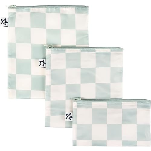 Tiny Twinkle 3 Pack Reusable Snack Bags - Machine Washable, PFAS, PVC, BPA, Phthalate-Free Reusable Baby and Toddler Food Safe Snack Bags (Sage Checkers)